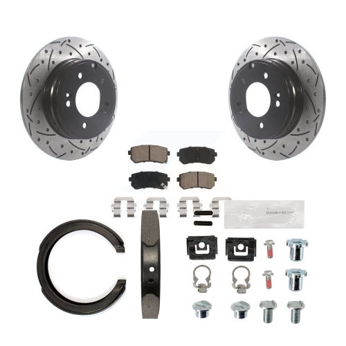 Image 1 of 10.. Rear Disc Drilled & Slotted Rotors Ceramic Pads Parking Shoes Hardware Kit For Kia Optima KDC-101650