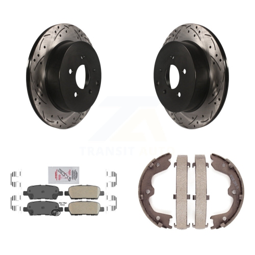 Image 1 of 10.. Rear Disc Drilled & Slotted Rotors Ceramic Pads Parking Shoes Kit For INFINITI FX35 FX45 KDA-103504