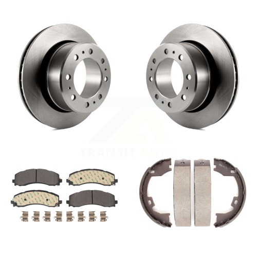 Image 1 of 10.. Rear Disc Rotors Semi-Metallic Pads And Parking Brake Shoes Kit For Ram 2500 3500 K8F-104449