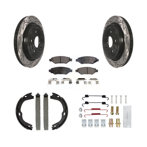Image 1 of 10.. Rear Disc Drilled & Slotted Rotors Ceramic Pads Parking Brake Shoes And Hardware Kit For KDT-101658