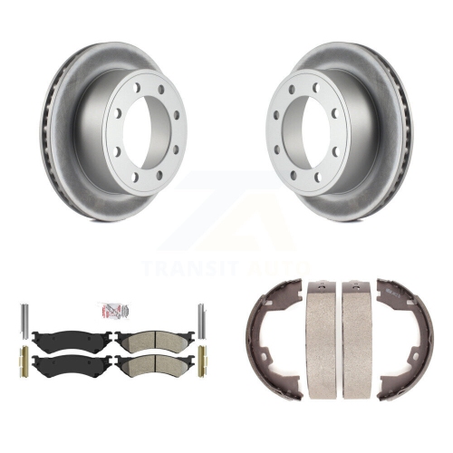 Image 1 of 10.. Rear Disc Coated Rotors Semi-Metallic Pads & Parking Shoes Kit For Ford E-350 Super Duty KGA-106693
