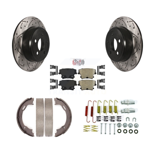 Image 1 of 10.. Rear Disc Drilled & Slotted Rotors Ceramic Pads Parking Brake Shoes And Hardware Kit For KDA-103651
