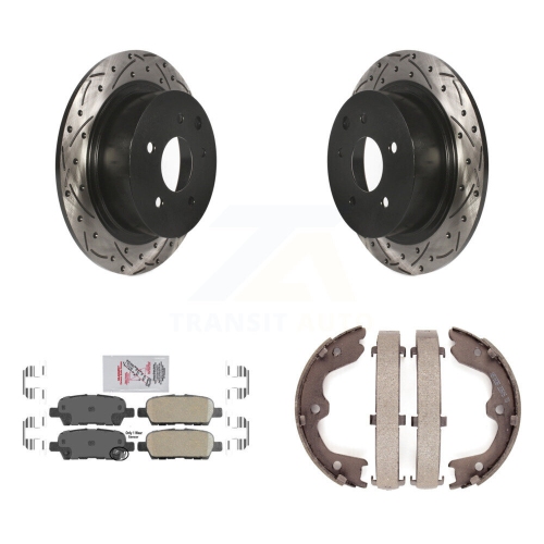 Image 1 of 10.. Rear Disc Drilled & Slotted Rotors Ceramic Pads Parking Brake Shoes Kit For Nissan Altima KDA-103535