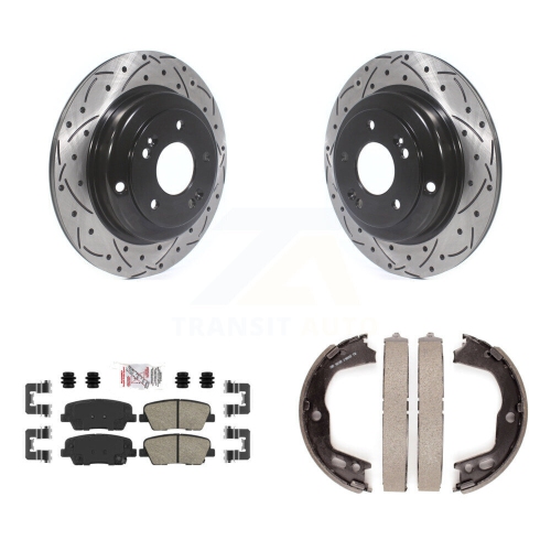 Image 1 of 10.. Rear Disc Drilled & Slotted Rotors Ceramic Pads And Parking Brake Shoes Kit For KDA-103393