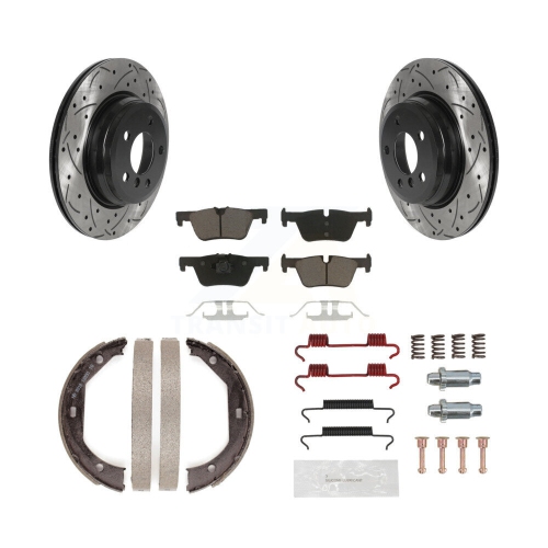 Image 1 of 10.. Rear Disc Drilled & Slotted Rotors Ceramic Pads Parking Brake Shoes And Hardware Kit For KDC-101521