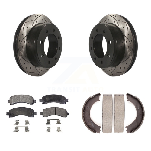 Image 1 of 10.. Rear Disc Drilled & Slotted Rotors Ceramic Pads Parking Shoes Kit For Chevrolet GMC 3500 KDT-101615