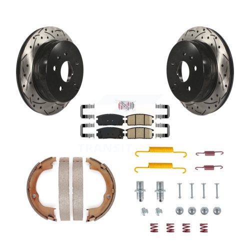 Image 1 of 10.. Rear Disc Drilled & Slotted Rotors Ceramic Pads Parking Shoes Hardware Kit For Chevrolet KDA-103814