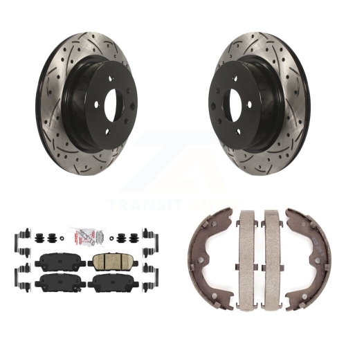 Image 1 of 10.. Rear Disc Drilled & Slotted Rotors Ceramic Pads Parking Shoes Kit For Nissan Maxima QX50 KDA-103237
