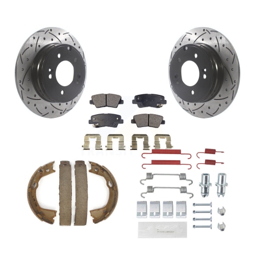 Image 1 de 10.. Disques arrière perforés et plaquettes semi-métalliques Kit de quincaillerie pour patins de stationnement Kia KDF-101741