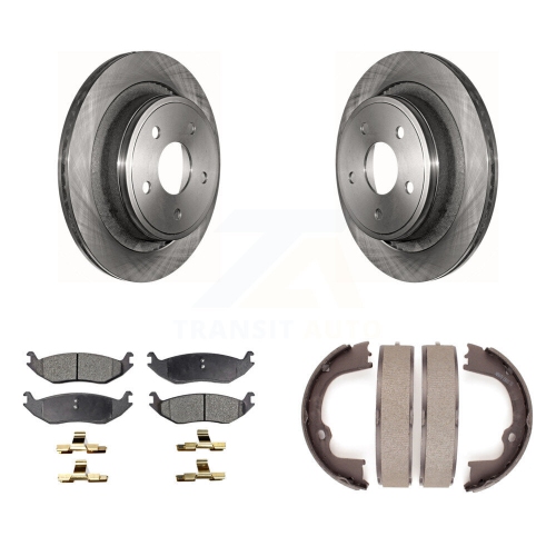 Image 1 of 10.. Rear Disc Rotors Semi-Metallic Pads Parking Shoes Kit For Ram 1500 Classic Dodge Chrysler K8F-104495