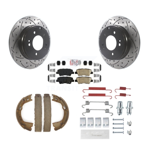 Image 1 of 10.. Rear Disc Drilled & Slotted Rotors Ceramic Pads Parking Shoes Hardware Kit For Kia Optima KDA-103796
