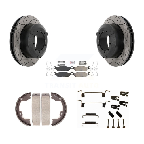 Image 1 of 10.. Rear Disc Drilled & Slotted Rotors Semi-Metallic Pads Parking Shoes Hardware Kit For Ford KDA-103807