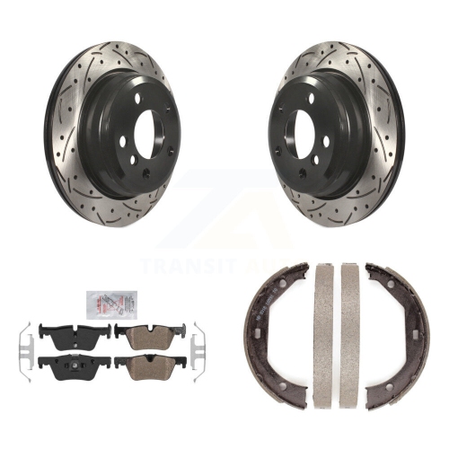 Image 1 of 10.. Rear Disc Drilled & Slotted Rotors Semi-Metallic Pads Parking Shoes Kit For BMW 328i 330i KDA-103377