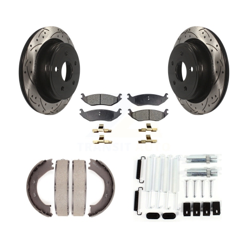 Image 1 of 10.. Rear Disc Drilled & Slotted Rotors Semi-Metallic Pads Parking Shoes Hardware Kit For Ram KDF-101724