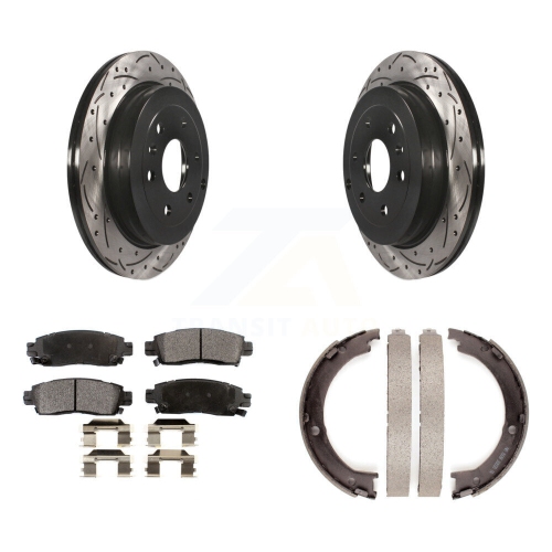 Image 1 of 10.. Rear Disc Drilled & Slotted Rotors Semi-Metallic Pads Parking Shoes Kit For GMC Acadia KDF-101519