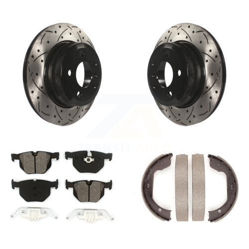 Image 1 of 10.. Rear Disc Drilled & Slotted Rotors Semi-Metallic Pads And Parking Shoes Kit For BMW X5 X6 KDS-101251