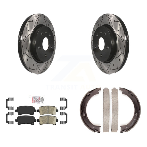 Image 1 de 10.. Ensemble de patins de frein de stationnement à disque perforé et rainuré arrière pour XTS KDA-103441 de Cadillac