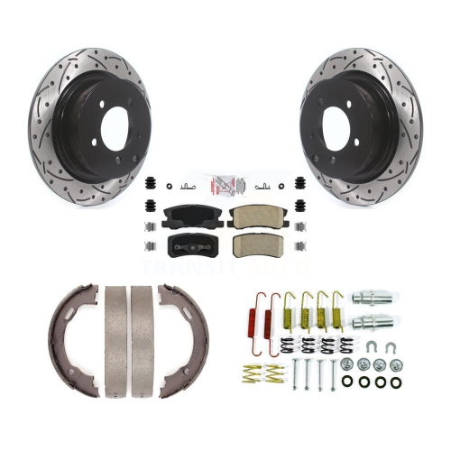 Image 1 of 10.. Rear Disc Drilled & Slotted Rotors Ceramic Pads Parking Brake Shoes And Hardware Kit For KDA-103649