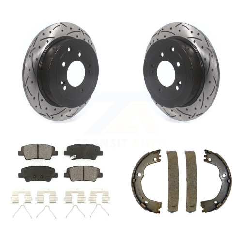 Image 1 of 10.. Rear Disc Drilled & Slotted Rotors Semi-Metallic Pads Parking Shoes Kit For Hyundai Kia KDS-101220