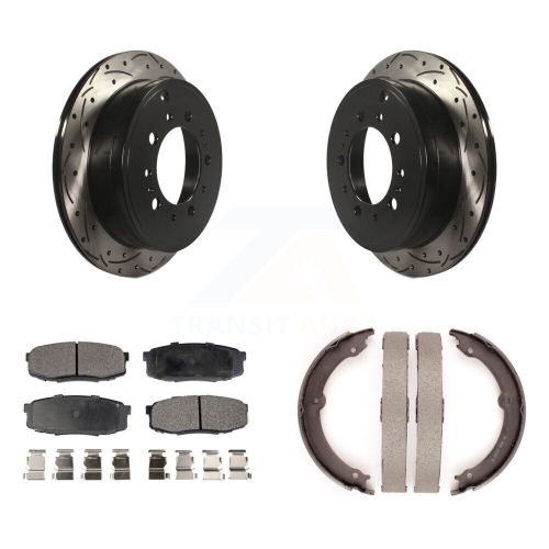 Image 1 of 10.. Rear Disc Drilled & Slotted Rotors Ceramic Pads Parking Shoes Kit For Toyota Tundra Lexus KDT-101551