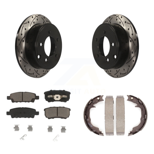 Image 1 of 10.. Rear Disc Drilled & Slotted Rotors Ceramic Pads Parking Shoes Kit For Jeep Patriot Dodge KDC-101391