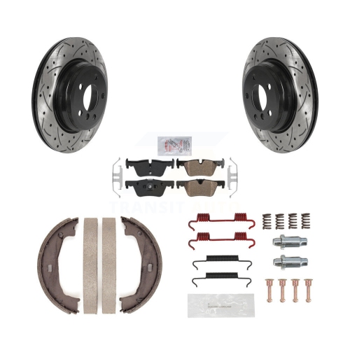 Image 1 de 10.. Disques arrière perforés et rainurés Patins semi-métalliques Kit de pièces pour patins de stationnement pour BMW KDA-103572