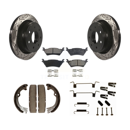 Image 1 of 10.. Rear Disc Drilled & Slotted Rotors Semi-Metallic Pads Parking Shoes And Hardware Kit For KDF-101622