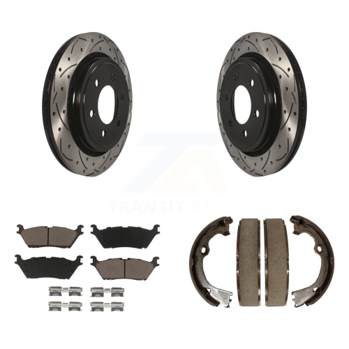 Image 1 of 10.. Rear Disc Drilled & Slotted Rotors Ceramic Pads Parking Brake Shoes Kit For Ford F-150 KDC-101350