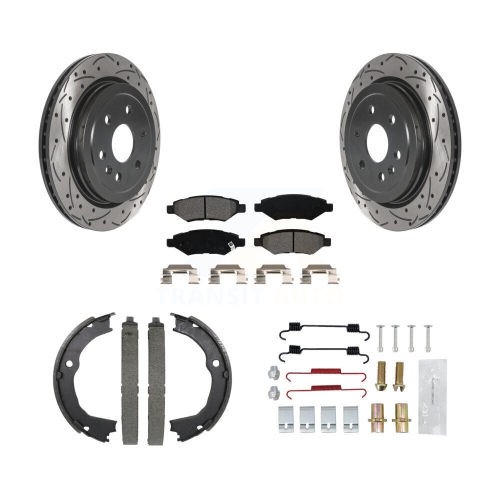 Image 1 of 10.. Rear Disc Drilled & Slotted Rotors Semi-Metallic Pads Parking Shoes And Hardware Kit For KDS-101424
