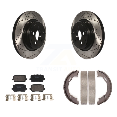 Disques arrière perforés et rainurés Plaquettes en céramique Kit de patins de frein de stationnement pour Dodge Charger KDT-101459