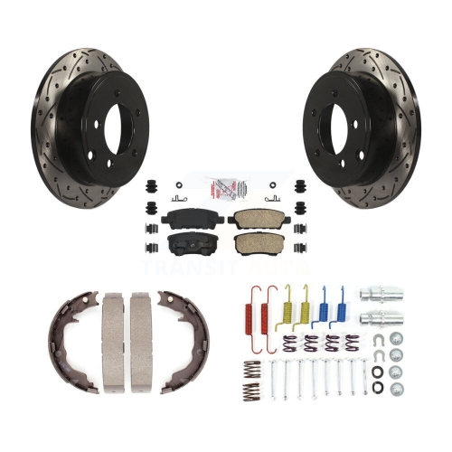 Rear Disc Drilled & Slotted Rotors Ceramic Pads Parking Brake Shoes And Hardware Kit For KDA-103732