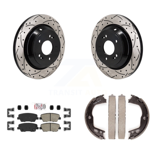 Rear Disc Drilled & Slotted Rotors Ceramic Pads Parking Shoes Kit For 11-13 Hyundai Equus KDA-103387