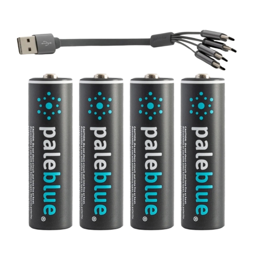 USB Rechargeable AA Batteries by Pale Blue, 1.5V 1700mAh Lithium Ion, Fast Charging in 90 Minutes, 4-Pack with LED Charge Indicators