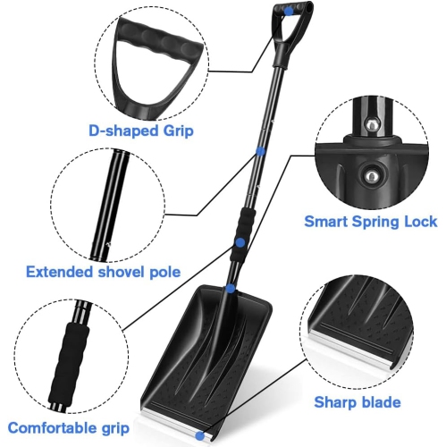 Snow Shovel, Car Snow Shovel, Scoop Shovel with D-Handle, Large Capacity for Snow Removal, 4 in 1 Portable Shovel for Trunk Car Emergency Camping