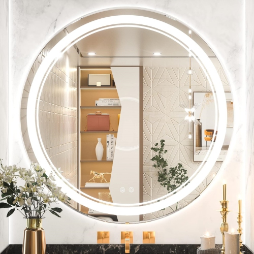 NIERBO  32 Inch Round Bathroom Mirror \w Lights Led Vanity Mirror, Anti-Fog Dimmable 3 Colors Lights Ip54 Waterproof Circle Makeup Wall Mounted Mirror