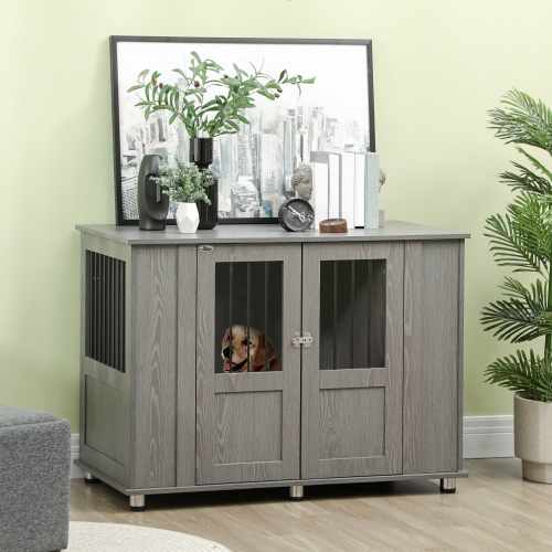 PawHut 45"L Dog Crate Furniture with Lockable Magnetic Door, Adjustable Feet, Indoor Dog Kennel End Table for Extra Large, Medium & Small Breeds, Grey