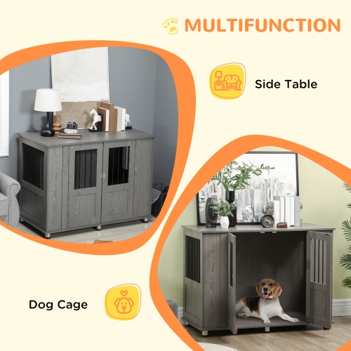 PawHut 45"L Dog Crate Furniture with Lockable Magnetic Door, Adjustable Feet, Indoor Dog Kennel End Table for Extra Large, Medium & Small Breeds, Grey