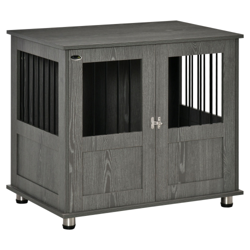 PawHut Dog Crate Furniture with Lockable Magnetic Door, Adjustable feet, Indoor Dog Kennel End Table for Small & Medium Dogs, Grey