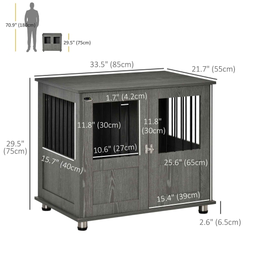 PawHut 33.5"L Dog Crate Furniture with Lockable Magnetic Door, Adjustable Feet, Indoor Dog Kennel End Table for Extra Large, Medium & Small Breeds,