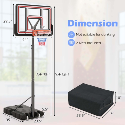 Goplus 7.4-10 FT Basketball Hoop Outdoor System with 44 Inch Shatterproof PC Backboard