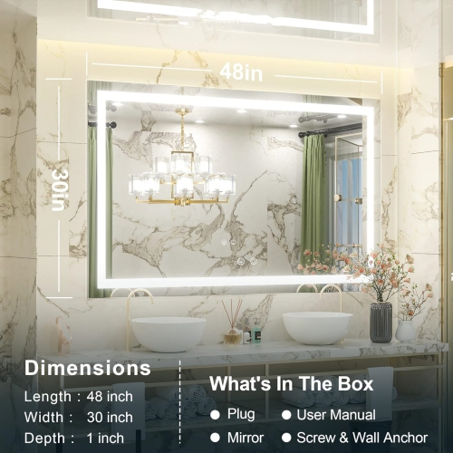 48 x 30 Bathroom LED Mirror Home Decor Vanity Makeup Mirror Dimmable Anti-Fog Wall Mounted Birthday Gift Wedding Gift