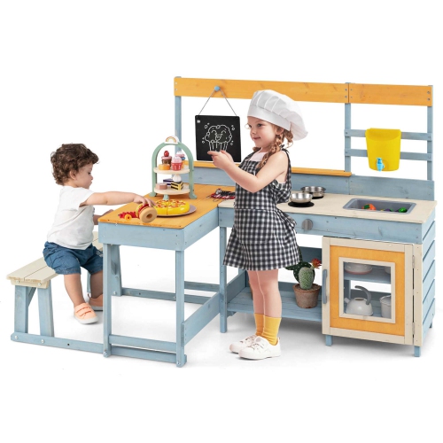 Cuisine Mud avec table de pique-nique pour enfants Évier avec réservoir d'eau à tableau noir intégré de Costway