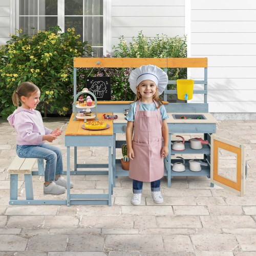 Costway Mud Kitchen with Kids Picnic Table Built-in Bench Blackboard Water Box Sink