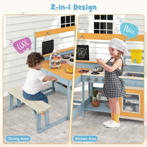 Costway Mud Kitchen with Kids Picnic Table Built-in Bench Blackboard Water Box Sink