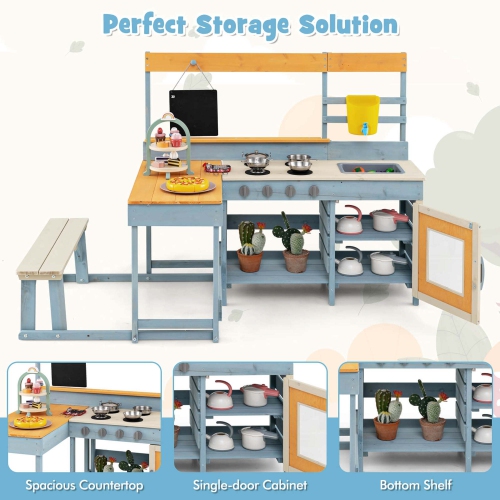 Costway Mud Kitchen with Kids Picnic Table Built-in Bench Blackboard Water Box Sink
