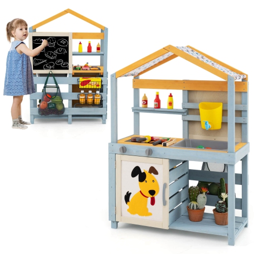 COSTWAY  2 In 1 Wooden Mud Kitchen Outdoor Play Kitchen & Grocery Store With Sink