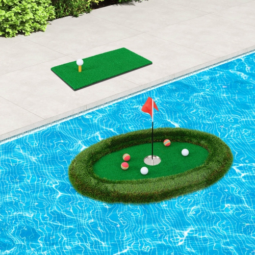 Costway Oval Floating Golf Green Includes Golf Hitting Mat 6 Golf Balls Golf Flag