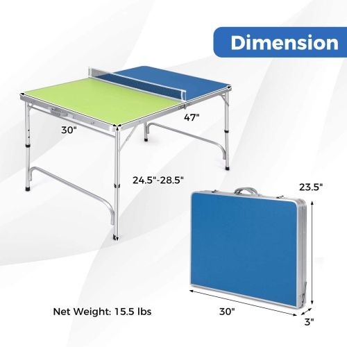 Costway 47" x 30" Mini Table Tennis Table with Adjustable Height for Indoor Outdoor