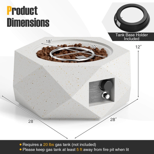 Foyer au gaz propane hexagonal Terrazzo de 28 po de Costway avec brûleur en acier inoxydable et pierres de lave