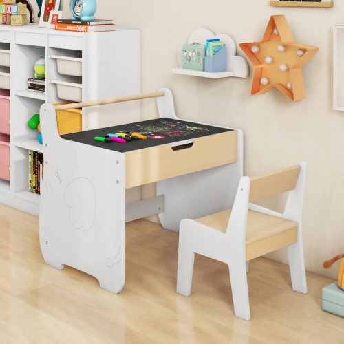 Costway 3 In 1 Kids Wood Table and Chair Set with Detachable Tabletop Hidden Storage Paper